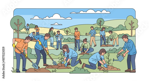 Group of people planting trees and gardening together outdoors.