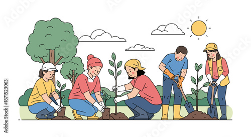 Group of people planting trees together in a sunny outdoor environment.