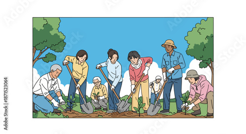 Diverse group of people gardening together in a park.
