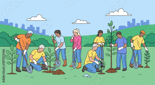 Group of people planting trees in a park with city skyline in the background.