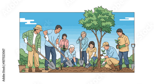 Group of people planting trees together in a garden.