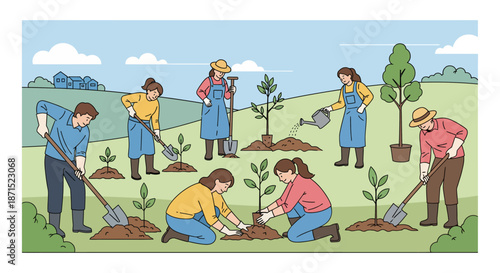 Group of people planting trees in a field together.
