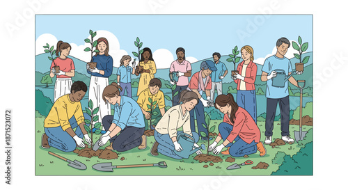 Diverse group of people gardening together outdoors.