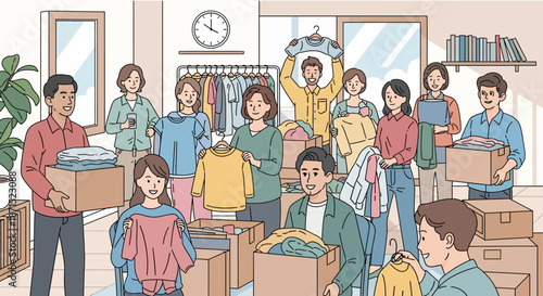 Group of people organizing and sorting clothing donations in a charity room.