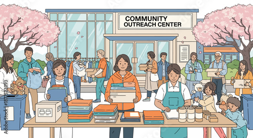 Volunteers distributing food at a community outreach center.