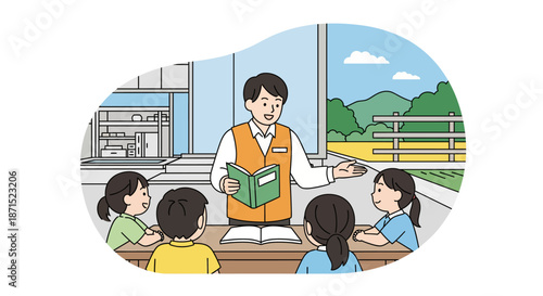 Teacher instructing students outdoors near a school building.