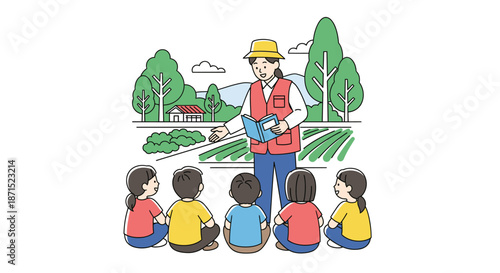 Children gathered around a park ranger in a natural setting.