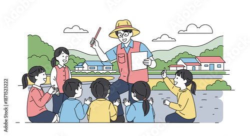 Teacher educating students outdoors in a rural setting.