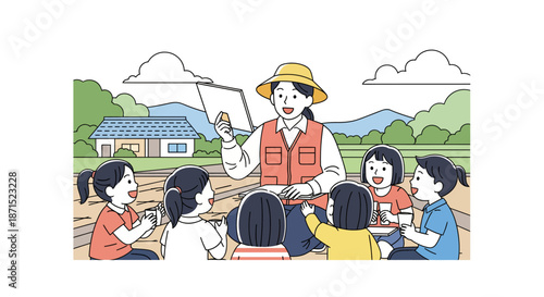 Teacher educating children outdoors in a rural setting.