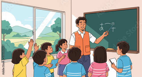 Teacher explaining lesson to students in a classroom.