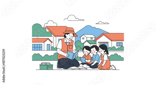 Family enjoying a picnic together in a serene neighborhood.