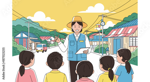 Tour guide explaining local attractions to children in a village.