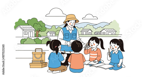 Teacher educating children outdoors in a rural setting.