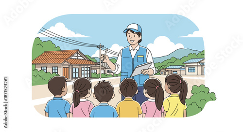 Children gathered around a mailman delivering letters in a suburban neighborhood.
