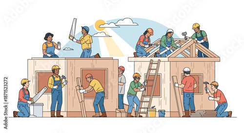 Construction workers building a house together with teamwork and collaboration.