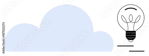 Cloud storage, innovation, technology, creative solutions, brainstorming, digital tools. A light bulb next to a blue cloud. Cloud storage and innovation through simple graphics