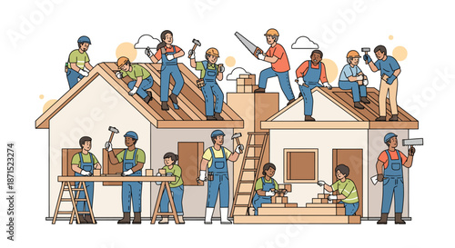 Diverse group of construction workers renovating a house together.