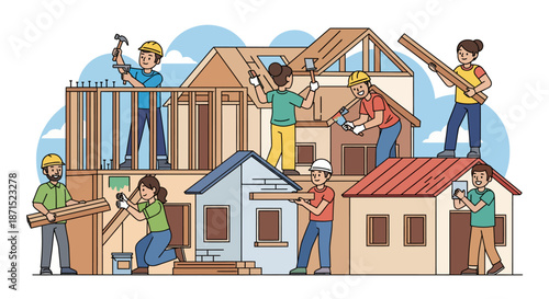 Construction workers building houses together collaboratively.