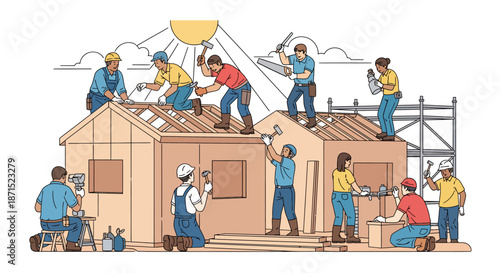 Construction workers building a house together with teamwork and collaboration.