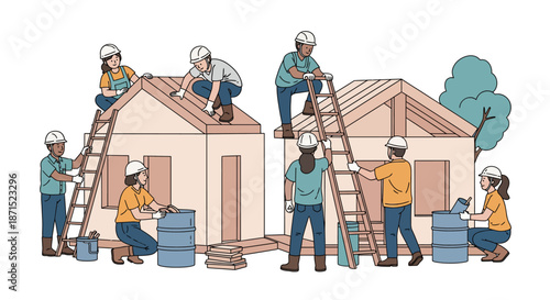 Construction workers building houses together in a collaborative effort.