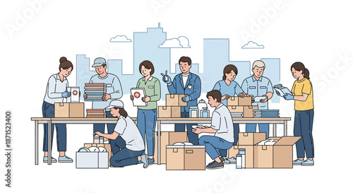 Group of volunteers packing boxes together in a community service effort.