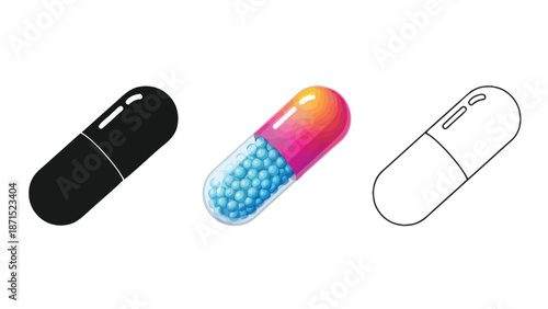 Medicine capsule set in black colorful and outline styles representing healthcare pharmacy drugs and medical treatment