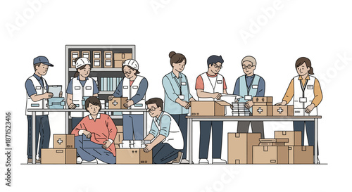 Diverse group of people working together in a warehouse, packing and shipping boxes.
