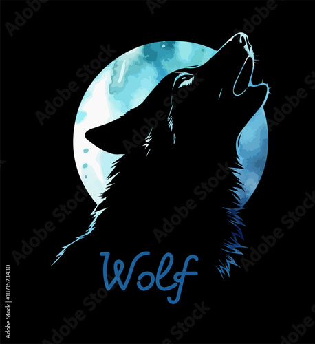 Wolf howling at the moon blue abstract . Hand drawn. Not AI, vector illustration.