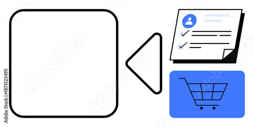 Blank interface frame connects user profile form and shopping cart icon in metaphor for online service or transaction. Ideal for e-commerce, user interface, digitalization, automation, workflow, data