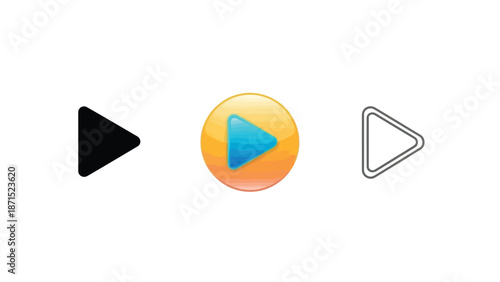Play button icon set in black colorful and outline styles representing video media streaming and multimedia control