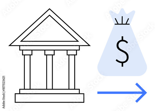 Bank building and money bag connected by an arrow indicating financial transaction, fund transfer, or savings growth. Ideal for banking, finance, payments, wealth management, economy, investment