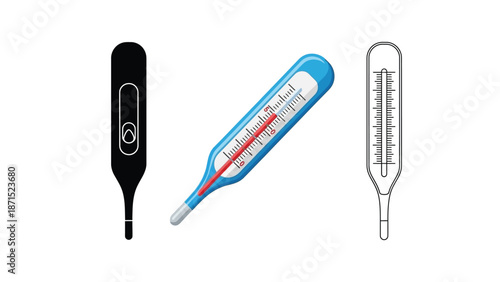 Thermometer set in black colorful and outline styles representing temperature measurement health and medical monitoring