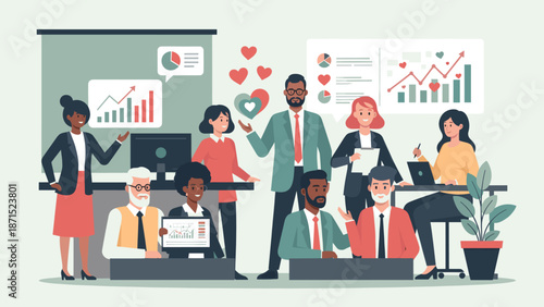 An illustration of a confident business woman standing with her hand on her hip, exuding professionalism and authority in a modern office setting.