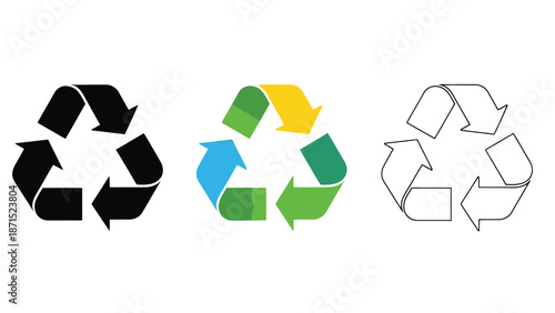 Recycling symbol set in black colorful and outline styles representing eco friendly waste management and environmental protection