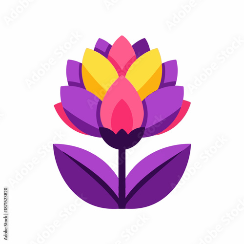 Stylized purple and yellow hyacinth flower icon stands vertically on a pure white background, representing nature and simple botanical beauty.