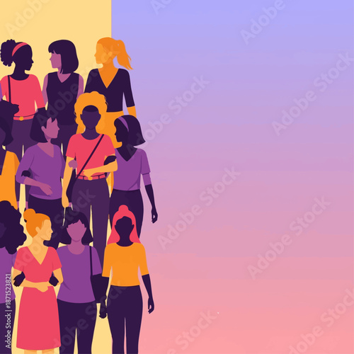 Diverse group of women stand together in solidarity against a colorful gradient background, symbolizing unity and empowerment for social movements.