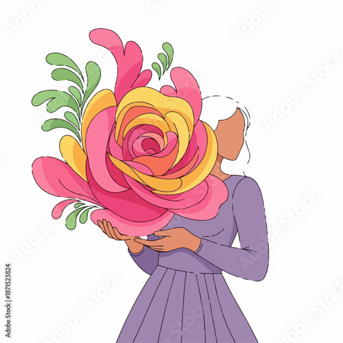 Adult woman holding a massive, stylized pink and yellow blooming rose that obscures her face, representing beauty and abundance concept.
