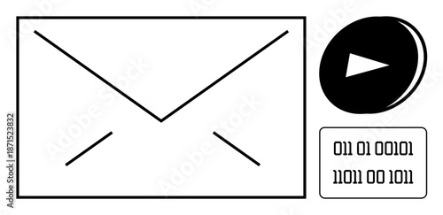 Email, digital messaging, data encryption, media technology, mail services, and binary coding. Envelope symbol, play button and binary digits. Email and digital messaging