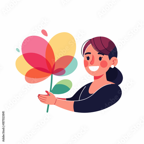 Smiling woman gently presents a large, colorful, translucent flower creation symbolizing gifting, appreciation, or heartfelt positive emotion.