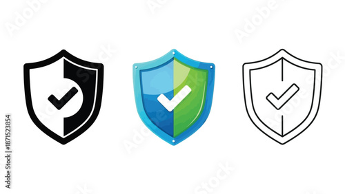Security shield set in black colorful and outline styles representing protection privacy and digital safety assurance