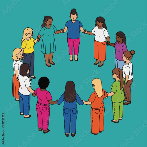 Diverse group of women stand in a circle holding hands together symbolizing community, connection, support, and collective strength among peers.