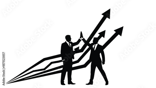 Two businessmen in black silhouette celebrating success with rising arrows and growing graph lines in corporate growth concept
