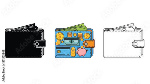 Wallet set in black colorful and outline styles representing money storage personal finance and payment accessories