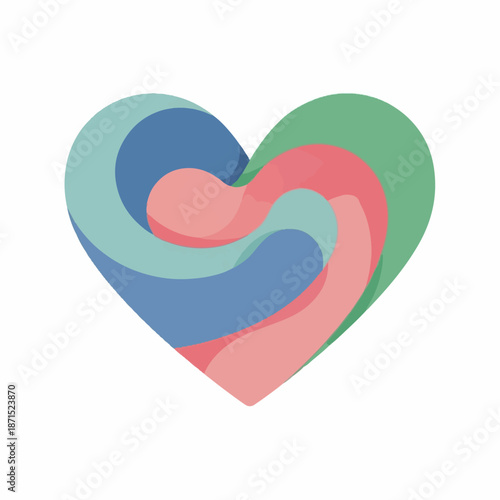 Abstract heart shape composed of overlapping, swirling layers of pastel blue, pink, and green representing interwoven love and compassion concepts.