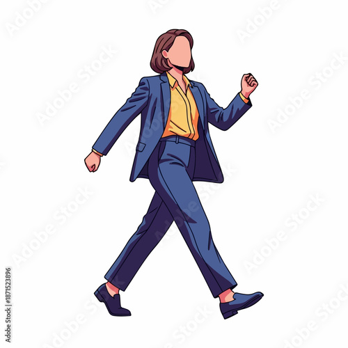 Businesswoman walking confidently in a stylish blue pantsuit and yellow blouse symbolizing career ambition and professional movement against.