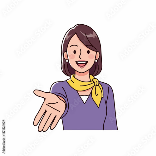 Friendly woman extends her hand forward in a welcoming gesture, inviting connection or partnership in a professional setting.