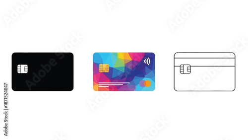 Credit card set in black colorful and outline styles representing banking payment ecommerce and digital finance