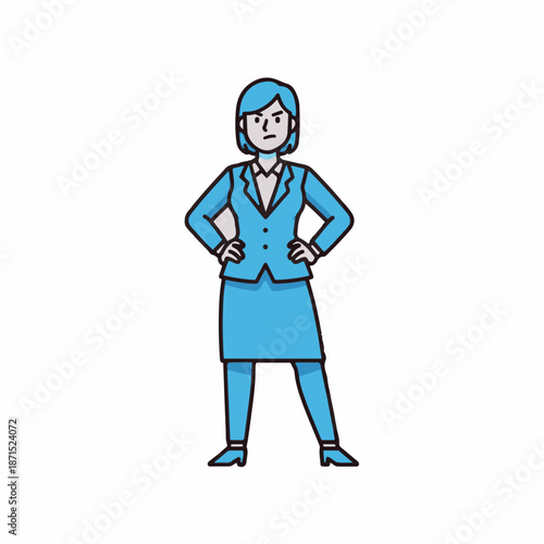 Angry businesswoman stands with hands on hips wearing a blue suit jacket and skirt conveying firm authority and professional discontent.