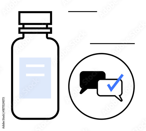 Medicine bottle paired with communication bubble and checkmark. Ideal for healthcare, reliability, trust, medical consultation, pharmaceutical communication, prescription approval, simple flat