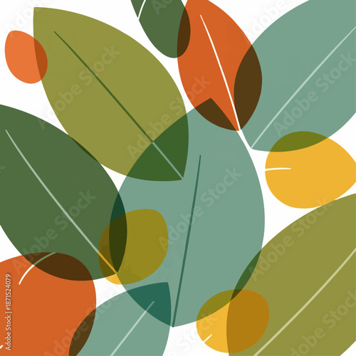 Overlapping translucent green and orange leaves create an abstract modern pattern suitable for contemporary natural background design elements.